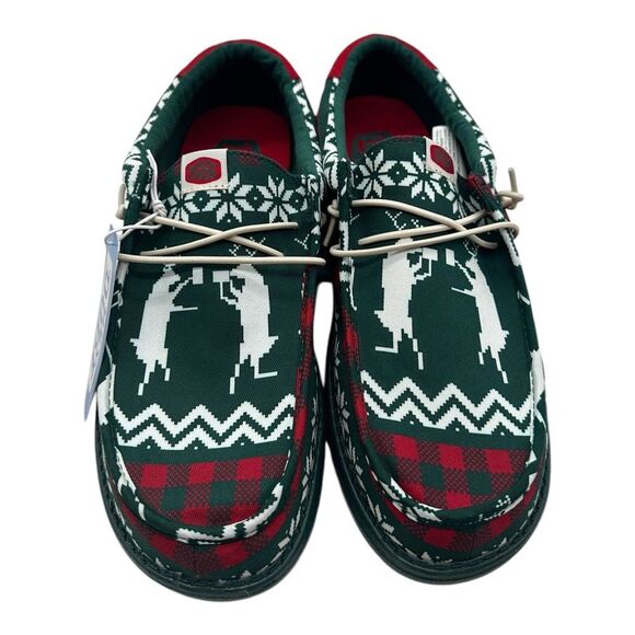Hey Dude Wally Holiday Cheers Slip On Loafers Mens 10 Green Christmas Deer Print